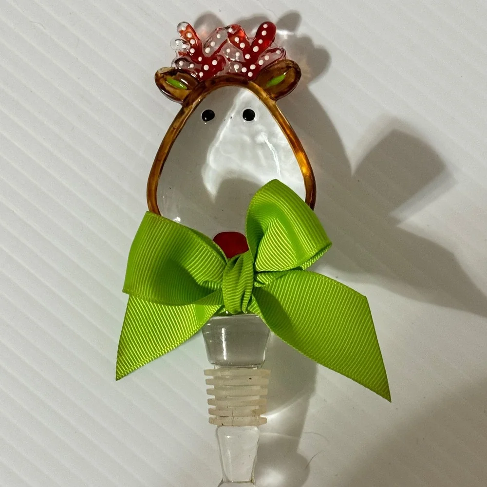 Hand Blown Glass Reindeer Wine Bottle Stopper Christmas Holiday Red Green Bow